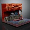 Cartoon Scene Featuring Steam Train On Platform By Red Rock And Small Boat On Water