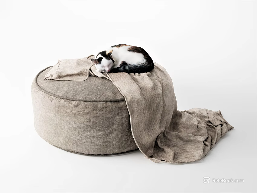 Round Beige Ottoman With Black And White Cat Sleeping On Beige Blanket Draped On Floor 3d model 