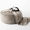 Round Beige Ottoman With Black And White Cat Sleeping On Beige Blanket Draped On Floor