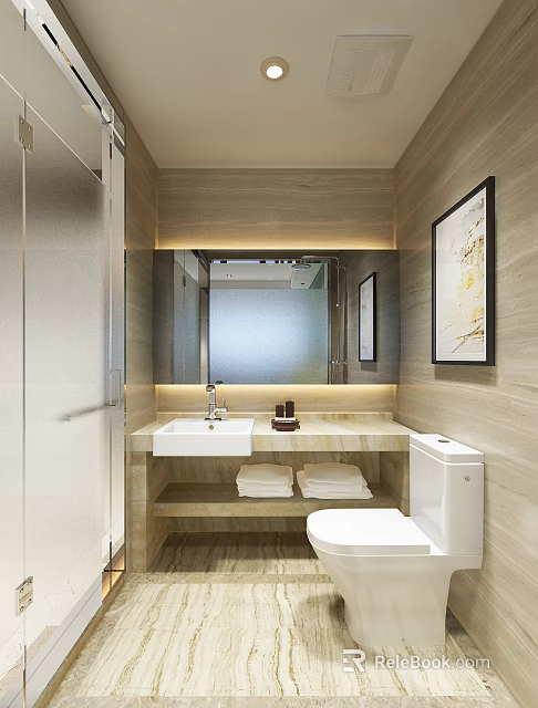 Modern Warm Bathroom Interior With Marble Vanity Backlit Mirror And Tidy Storage Space 3d model 