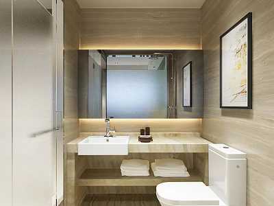 Modern Warm Bathroom Interior With Marble Vanity Backlit Mirror And Tidy Storage Space 3d model