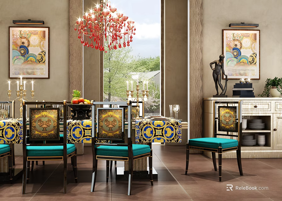 Elegant Dining Set with Turquoise Seats Decorative Paintings and Red Chandelier 3d model 