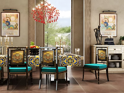 Elegant Dining Set with Turquoise Seats Decorative Paintings and Red Chandelier 3d model