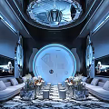 Modern Luxury KTV Interior With Lighting Sofa Big Screen And Crystal Chandelier