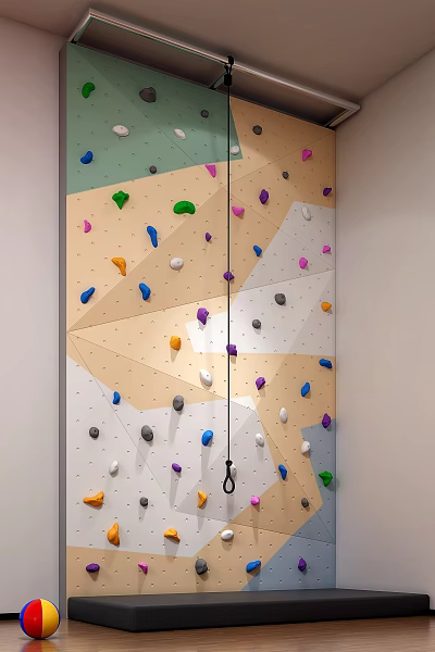 Colorful Indoor Climbing Wall With Multicolored Holds And Safety Rope 3d model