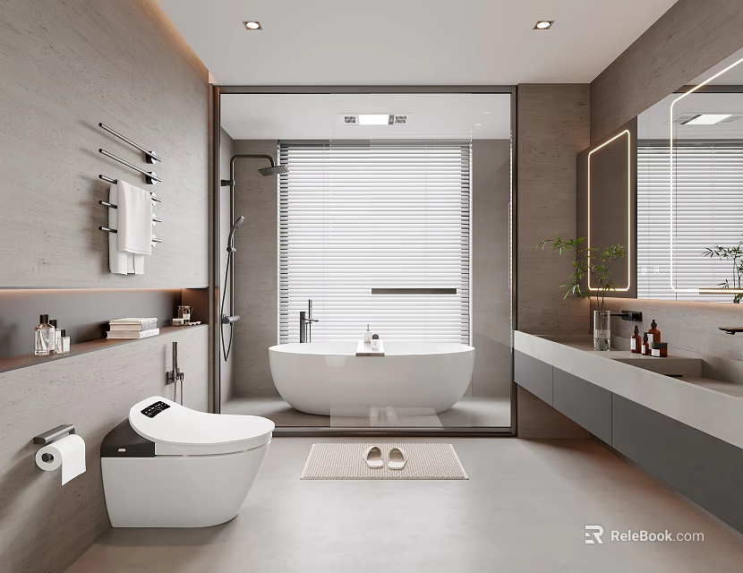 Modern Bathroom Interior Design With Bathtub Toilet Vanity Mirror Blinds And Plants 3d model 