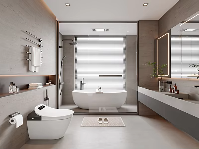 Modern Bathroom Interior Design With Bathtub Toilet Vanity Mirror Blinds And Plants 3d model