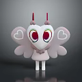 Cute Cartoon Character with Pink Wings Heart Shapes Big Rainbow Eyes and Red Horns