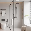 Modern Bathroom Interior Design With Glass Shower White Toilet Vanity Mirror And Storage