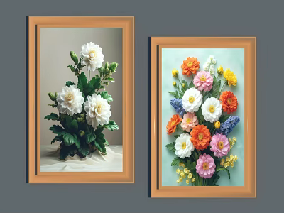 Two Framed Botanical Paintings With White And Colorful Flowers And Green Leaves 3d model