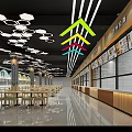 Spacious Food Court Restaurant Interior With Multiple Food Stalls Ceiling Lights And Tables Chairs