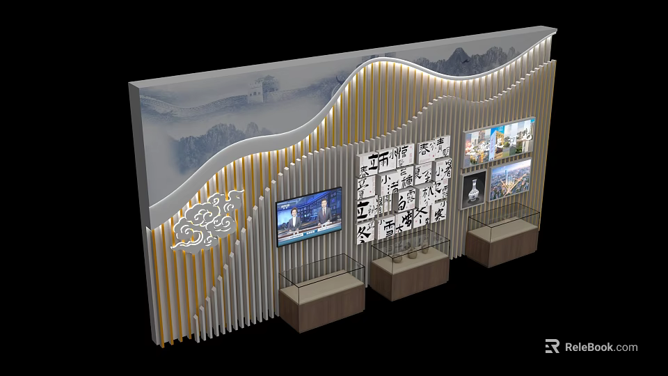 Traditional Chinese Themed Display Wall With Wavy Design Mountain Landscape Screens And Stands 3d model 