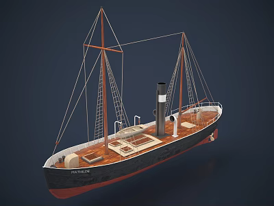 Wooden Ship Model With Two Masts Wooden Deck Chimney And Black Red Hull 3d model