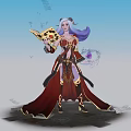 Fantasy game character with white and purple hair in red robes holding magic scroll and orb