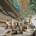 Luxurious Hotel Lobby Interior With Wooden Ceiling Turquoise Hanging Lights And Marble Floor
