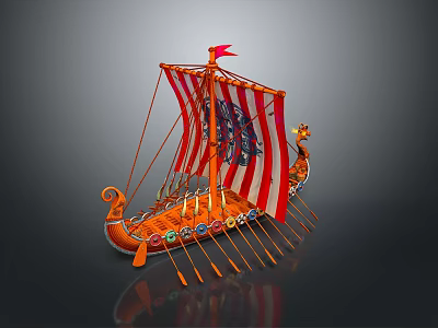 Ancient Warship With Red White Sails Decorative Bow Oars And Shield Details 3d model