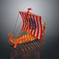 Ancient Warship With Red White Sails Decorative Bow Oars And Shield Details