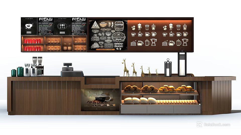 Modern Café Reception Counter With Menu Boards Coffee Machines Bread Displays And Decorations 3d model 