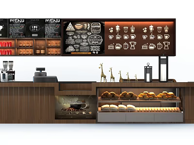 Modern Café Reception Counter With Menu Boards Coffee Machines Bread Displays And Decorations 3d model