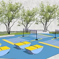 Outdoor Fitness Badminton Courts With Yellow Lines Trees And Benches Area