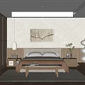 Minimalist Bedroom Interior With Wooden Wardrobe Brown Bedspread And Decorative Painting