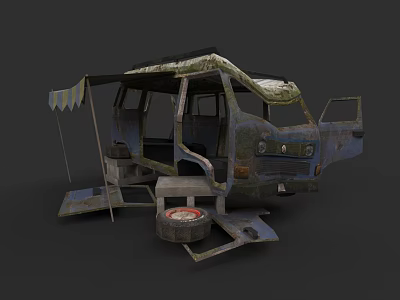 Worn Out Camping Truck With Awning Broken Doors And Old Tire 3d model