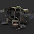 Worn Out Camping Truck With Awning Broken Doors And Old Tire