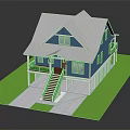 Blue House With White Roof Front Porch Staircase Green Lawn And Gray Ground