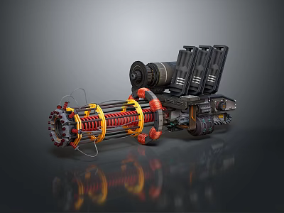 Futuristic Mechanical Weapon With Multi Barrel Design Red Yellow Stripes And Heavy Base 3d model