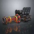 Futuristic Mechanical Weapon With Multi Barrel Design Red Yellow Stripes And Heavy Base