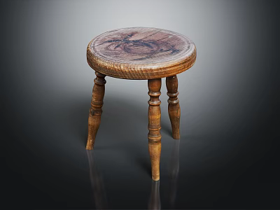 Wooden Stool With Round Seat Natural Wood Grain And Carved Legs Rustic Design 3d model