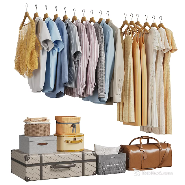 Hanging Clothes Display With Various Styles Colors Storage Boxes And Vintage Suitcase 3d model 