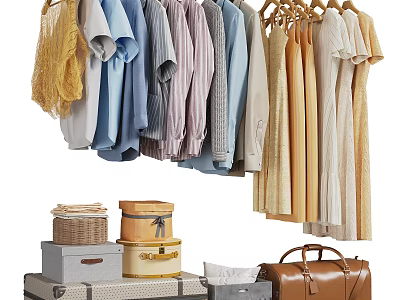 Hanging Clothes Display With Various Styles Colors Storage Boxes And Vintage Suitcase 3d model