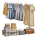Hanging Clothes Display With Various Styles Colors Storage Boxes And Vintage Suitcase