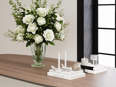 Green Glass Vase With White Flowers And Decorative Candles On Wooden Table By Window 3d model