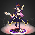Woman With Purple Hair Wearing Black Witch Hat Holding Object With Colorful Sparkles On Base