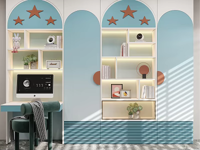 Modern Light Blue White Bookcase With Star Decorations Open Shelves Books And Plants 3d model