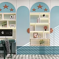 Modern Light Blue White Bookcase With Star Decorations Open Shelves Books And Plants