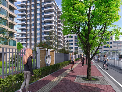 Modern High Rise Residential Building With Green Trees Pedestrian Walkway And Bicyclists 3d model