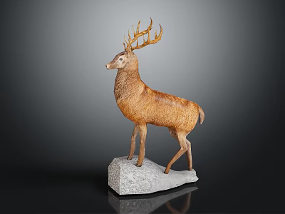 Detailed Deer Sculpture With Antlers Standing On Gray Stone Base Decor 3d model