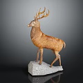 Detailed Deer Sculpture With Antlers Standing On Gray Stone Base Decor