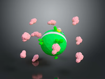 Scenic Landscape View Of Green Sphere With Pink Clouds And Yellow Accent On Gray Background 3d model