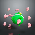 Scenic Landscape View Of Green Sphere With Pink Clouds And Yellow Accent On Gray Background