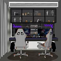 Gaming Entertainment Room With Dual Monitors Ergonomic Chairs LED Lighting And Decorative Shelves
