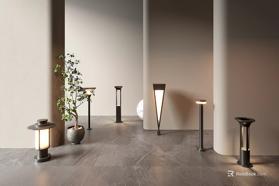 Modern Stylish Outdoor Lights With Different Designs For Courtyard Pillar And Floor Lamps And Plants 3d model 
