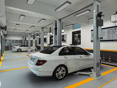 4S Car Dealership Service Workshop With Car Lift White Vehicle And Yellow Floor Markings 3d model