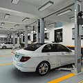 4S Car Dealership Service Workshop With Car Lift White Vehicle And Yellow Floor Markings