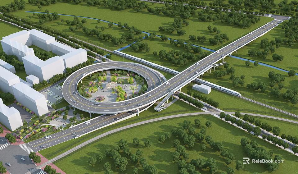 Elevated Circular Bridge with Green Spaces Trees Road Connections and Surrounding Buildings 3d model 