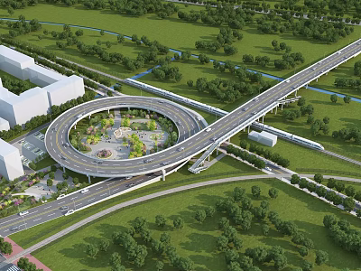 Elevated Circular Bridge with Green Spaces Trees Road Connections and Surrounding Buildings 3d model