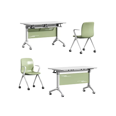 Portable Modern Conference Table With Rolling Wheels And Green Office Chairs 3d model